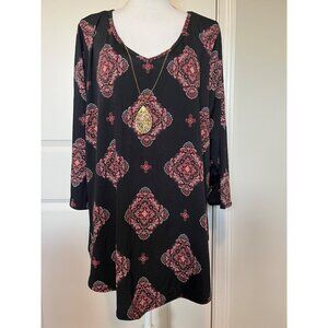 Top Fashion Of NY Womens Medallion Long Sleeve Tunic Top Black/Red 3X + Necklace